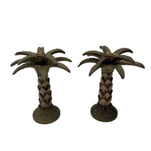 Palm Tree Brass Candle Holders Set Of 2 Tropical Decor 8" Tall Vintage Look C83
